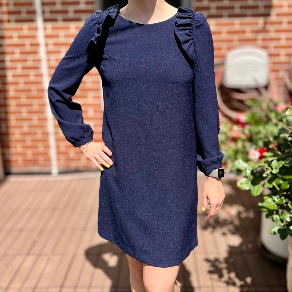 Chelsea28 Dress Women 6 Navy Crew Neck Sleeve MIDI Length Ruffle Accents